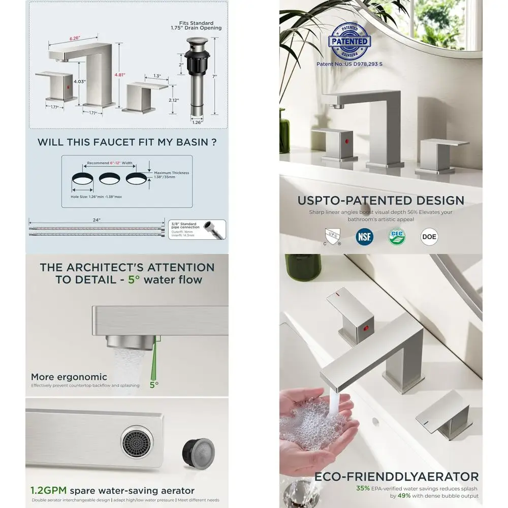 

Широко распространенный смеситель для раковины из матового никеля с 3 отверстиями и 2 ручками, 8 квадратов, нержавеющая сталь, металлический выдвижной слив, сертификат CUPC