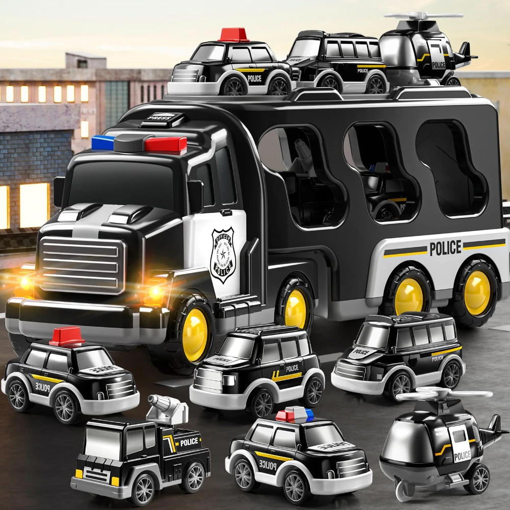 WizKidz 7-in-1 Wrijving Power Politie Truck Speelgoed voor Peuter 3 + Jaar Oude Jongens Noodvoertuig Carrier Truck voor Kinderen Geschenken