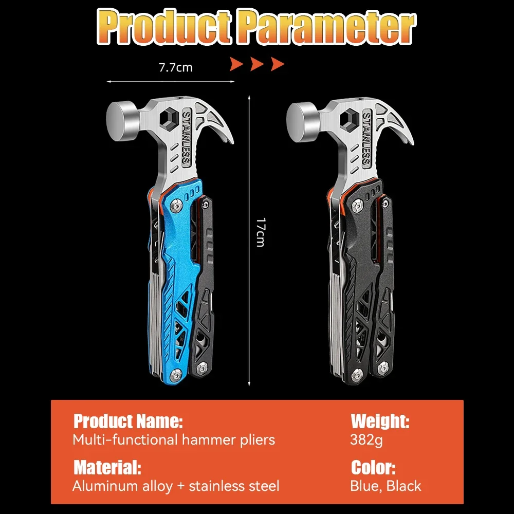 Upgraded Adjustable Wrench Multitool Hammer 18 in 1 Pocket Multi Tool Knife with Spring-Action Pliers For Outdoor Camping Daily