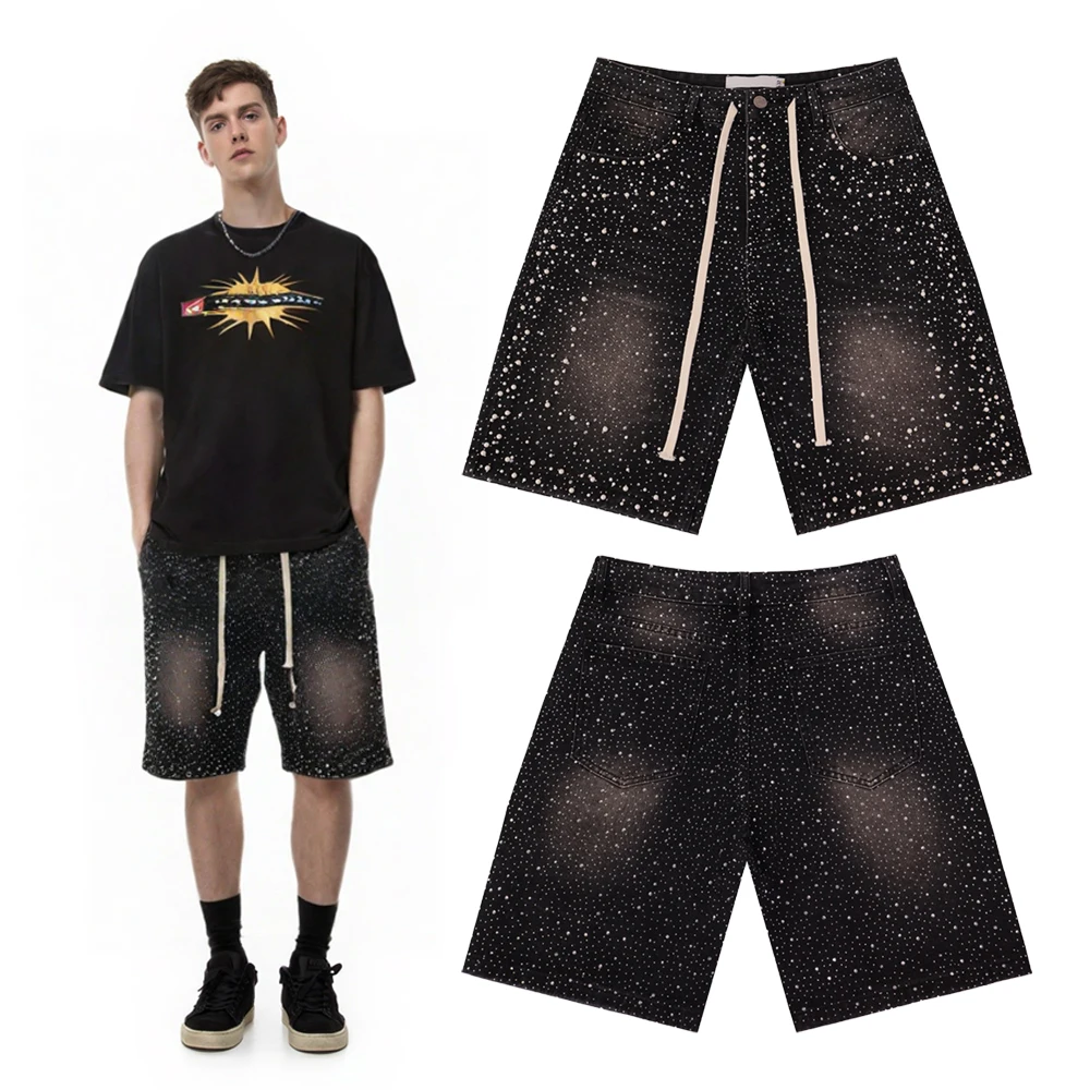 

Summer Streetwear Clothing Loose Shorts Jeans with Rhinestones Pearls Hiphop Street Style Cotton Casual Retro Shorts Pants Men's