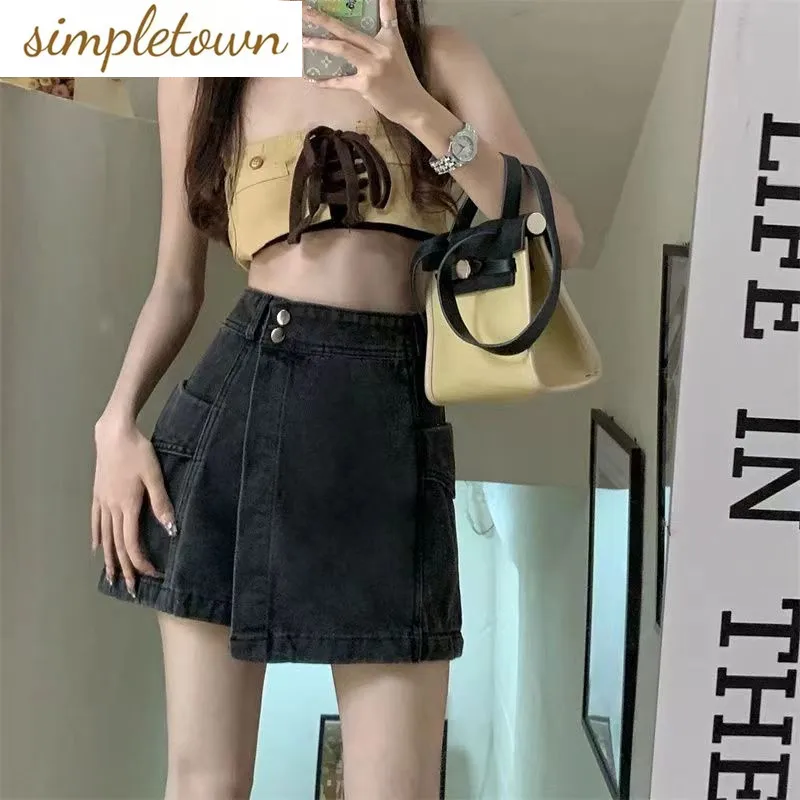 Retro American Denim Shorts Women's 2023 Summer New High Waist Loose Slim Covering Crotch Wide Leg A-line Shorts