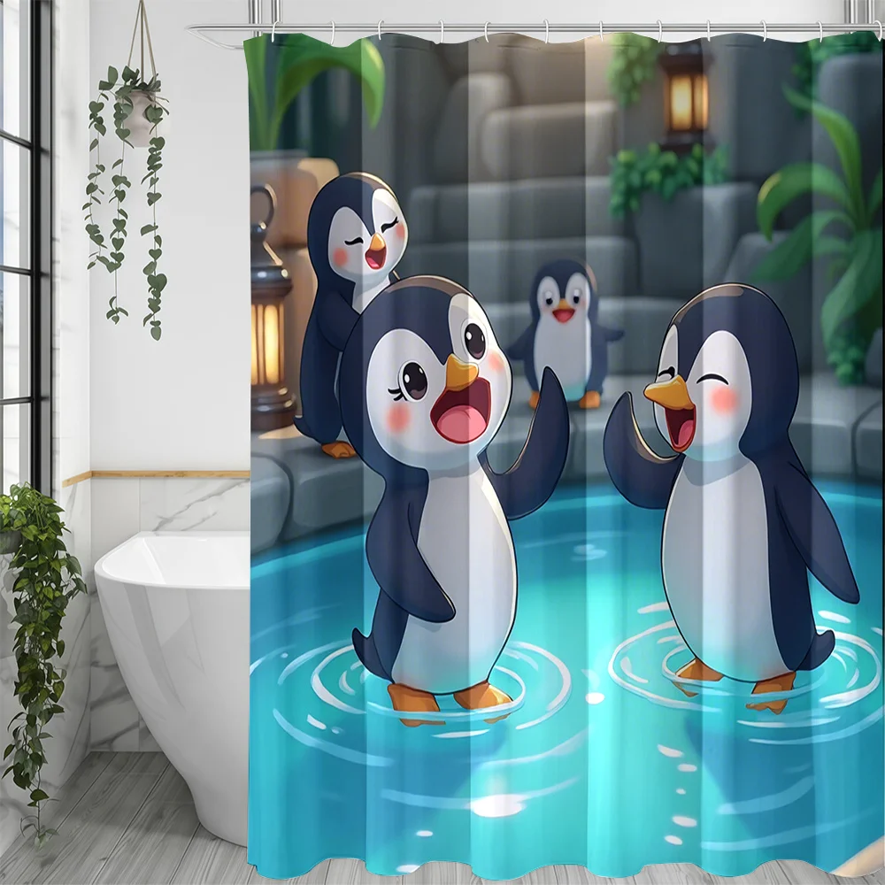 1pc Cartoon Penguin Interactive And 'Happy Time' Slogan Shower Curtain with 12 Hooks, Suitable for Window And Wall Bathtub, Home