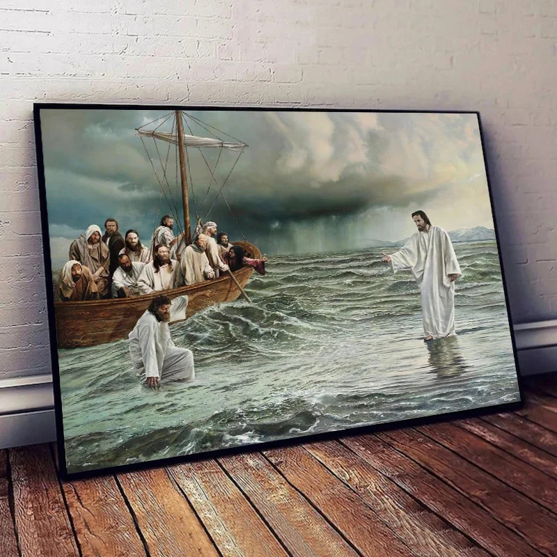 Retro Jesus Christ Walking on Water Canvas Paintings and Prints Wall Art HD Pictures Posters For Church Living Room Home Decor