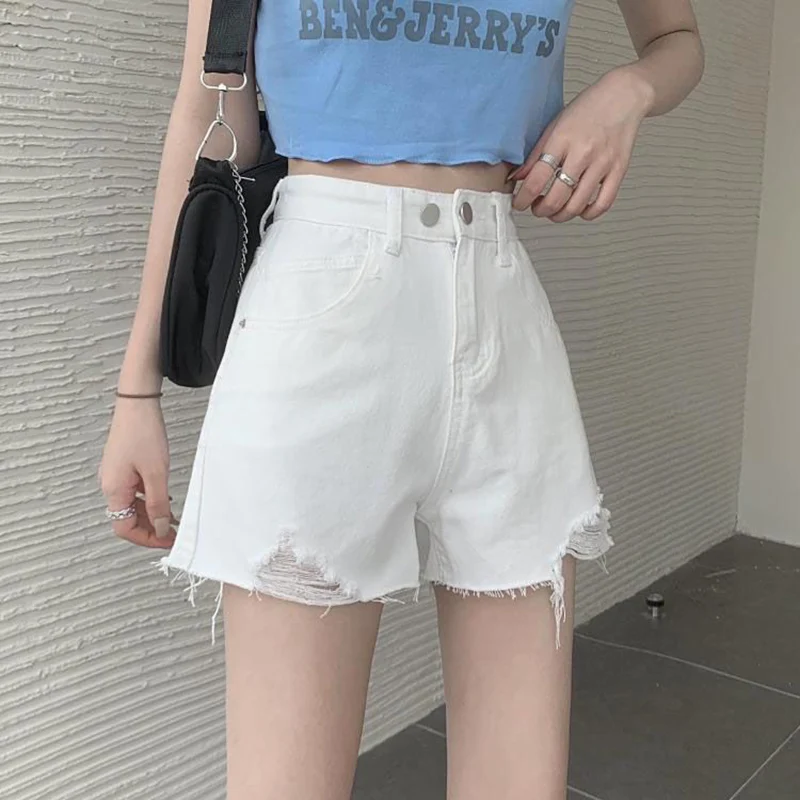 

Летние женские шорты с высокой талией и необработанным краем, однотонные модные свободные джинсовые шорты, стильные рваные дизайнерские джинсовые шорты для девушек