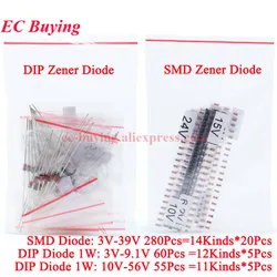 280Pcs-55Pcs Zener Diode Assorted Kit DIY SMD DIP 3V~39V 3V-9.1V 10V~56V 1W LL34 1206 ZMM SM Electronic Components Package Suit