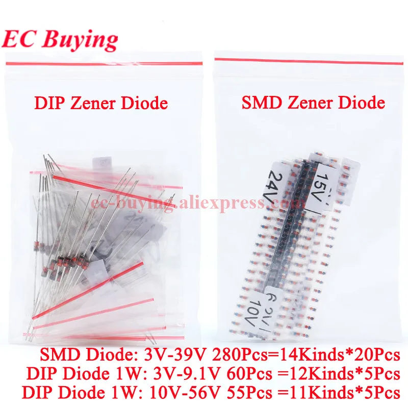Zestaw diod Zenera 280-55 szt. DIY SMD DIP 3V~39V 3V-9.1V 10V~56V 1W LL34 1206 ZMM SM Pakiet komponentów elektronicznych