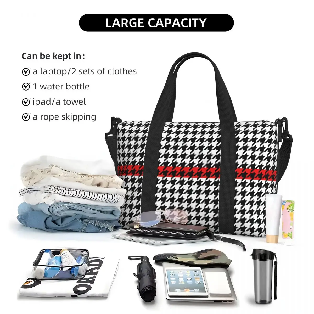 Personalizado moderno houndstooth com listra vermelha sacola de compras de mercearia feminina grande capacidade dogstooth ginásio praia sacos de viagem