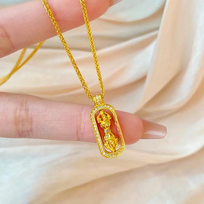 Women 24K Gold AU999 Pure Gold Diamond-Studded Vajra Pendant Necklace - Durable, secure diamonds, long-lasting wear