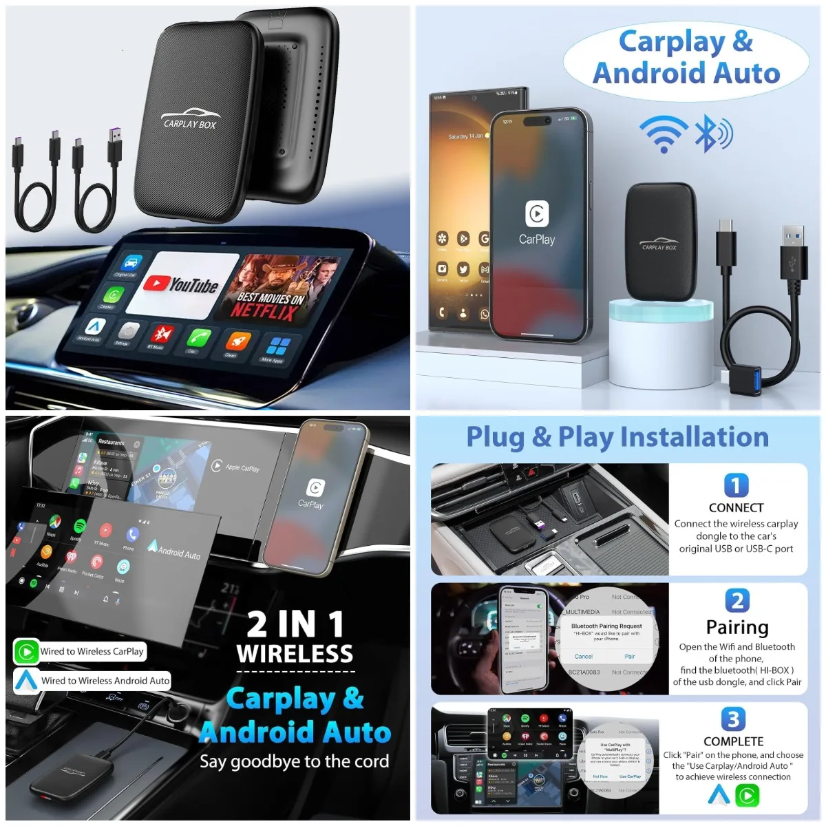 

5-in-1 Wireless CarPlay & Android Auto Adapter, 2025 Upgraded, Supports TF Card, Mirror, Netflix, YouTube