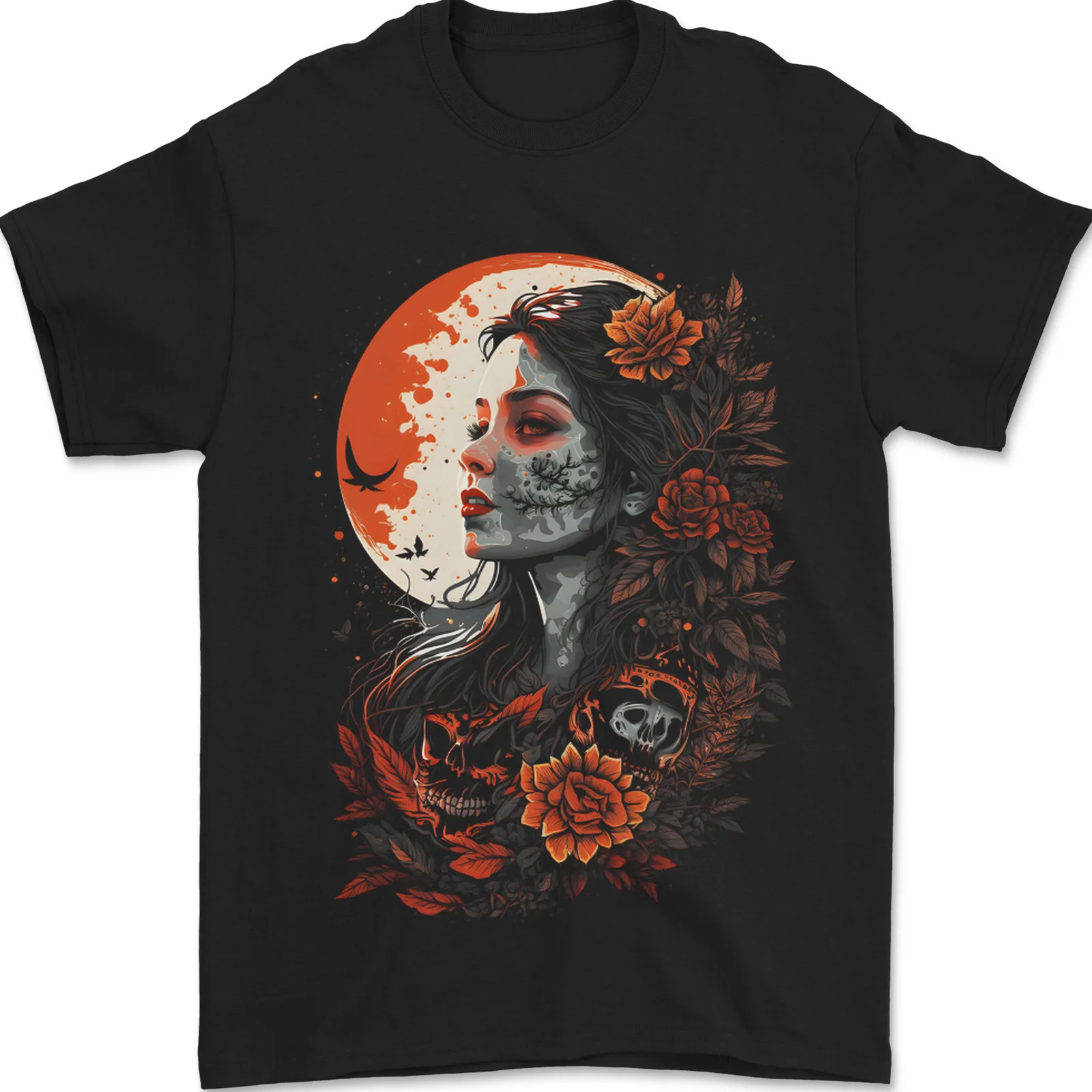 100% Cotton Men's T-Shirt - Santa Muerta, Moon, Skulls, and Roses Tee