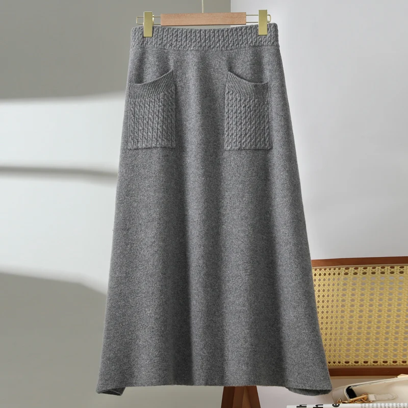 100% Merino wool skirt women's high waisted knitted Drees autumn and winter new thickened double pocket skirt