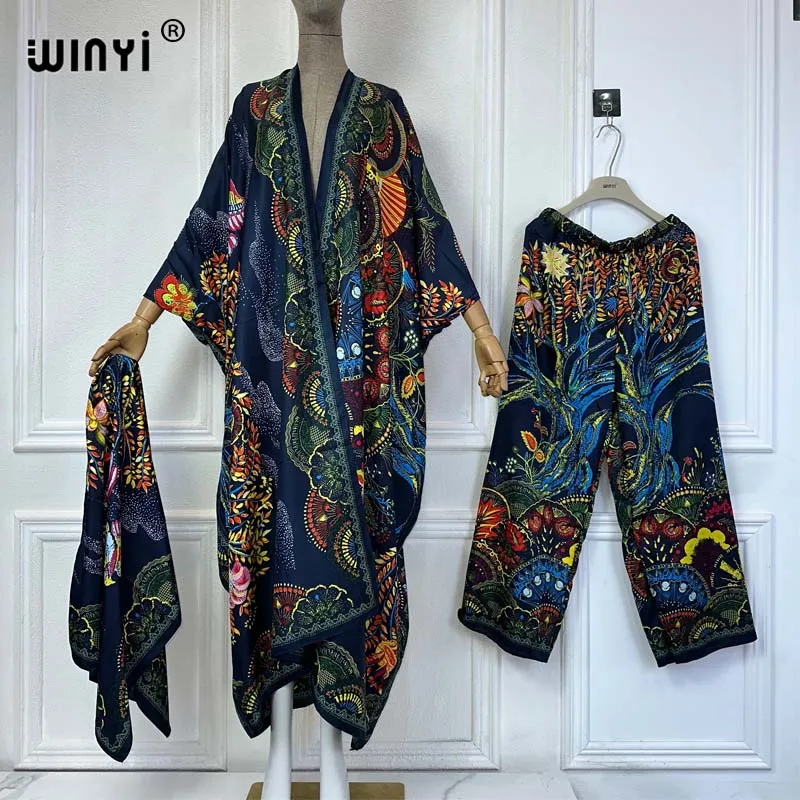 Modne dwuczęściowe spodnie WINYI Africa nadruk w stylu Boho rękaw w kształcie skrzydła nietoperza kimonos damskie spodnie kardigan z nadrukiem na