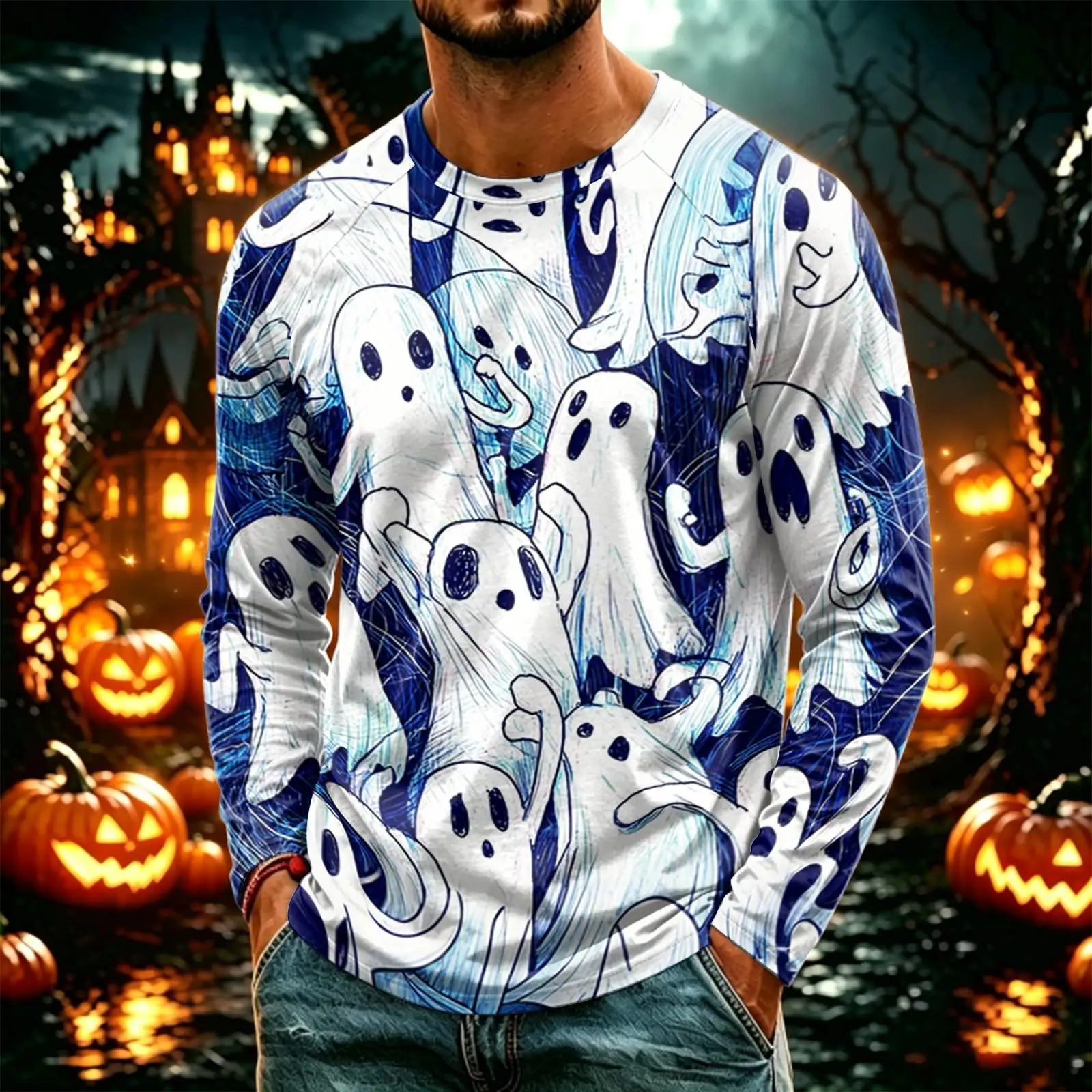 Men Crew Neck Long Sleeve Tee Halloween Full Print Pumpkin Ghost Witch Castle Casual Party Daily Tops