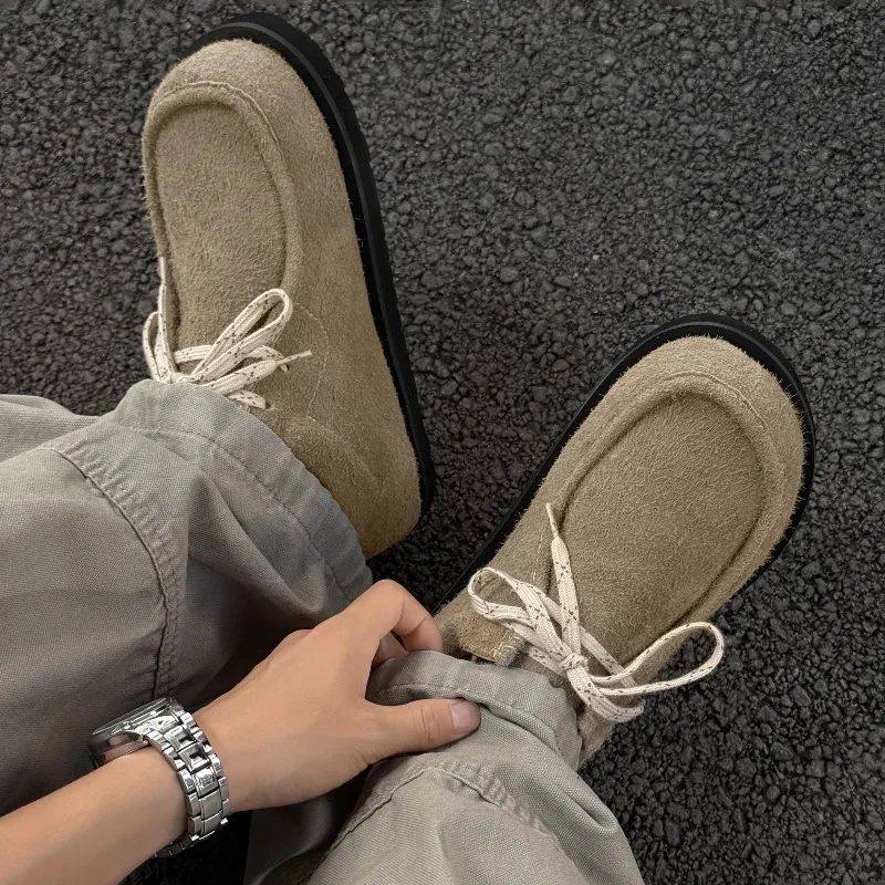 Flip Fur Lace Up Men Baozi Shoes Lazy Style Square Toe Thick Soled Boken Shoes Retro Furry Edge Frosted Casual Single Shoes