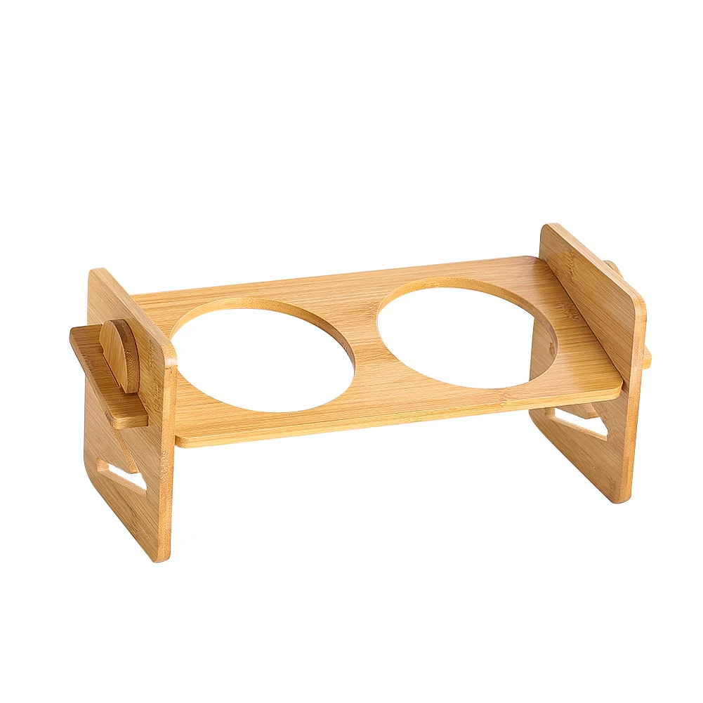 

Natural Bamboo Pet Feeding Stand Raised Double Bowl Holder Adjustable Dog Cat Food Water Dish Support Home Dining Decor