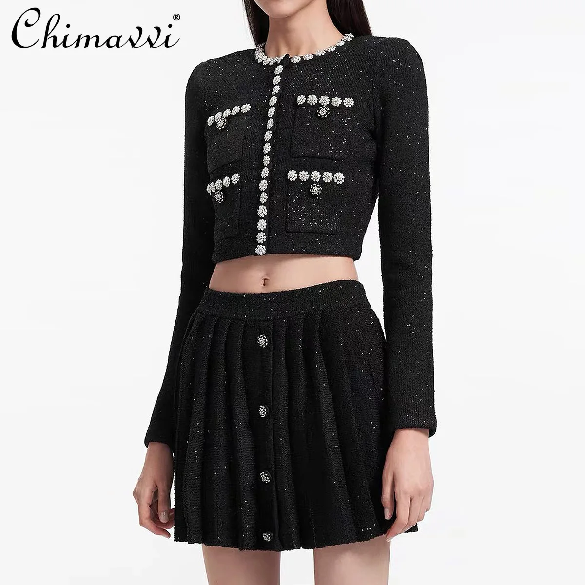 Autumn and Winter New High-end Fashion Heavy Beaded Long-sleeved Knitted Jacket Skirt Set Temperament Party Women Two-piece Set