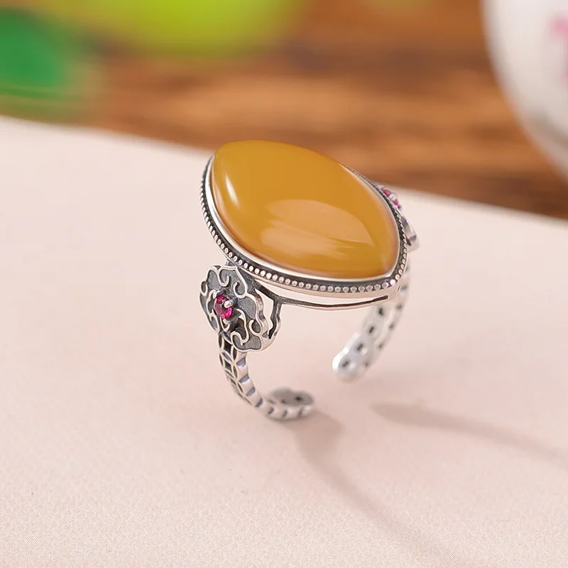 S925 Sterling Silver Amber Old Wax Ruyi Coin Hollow Horse Eye Ring