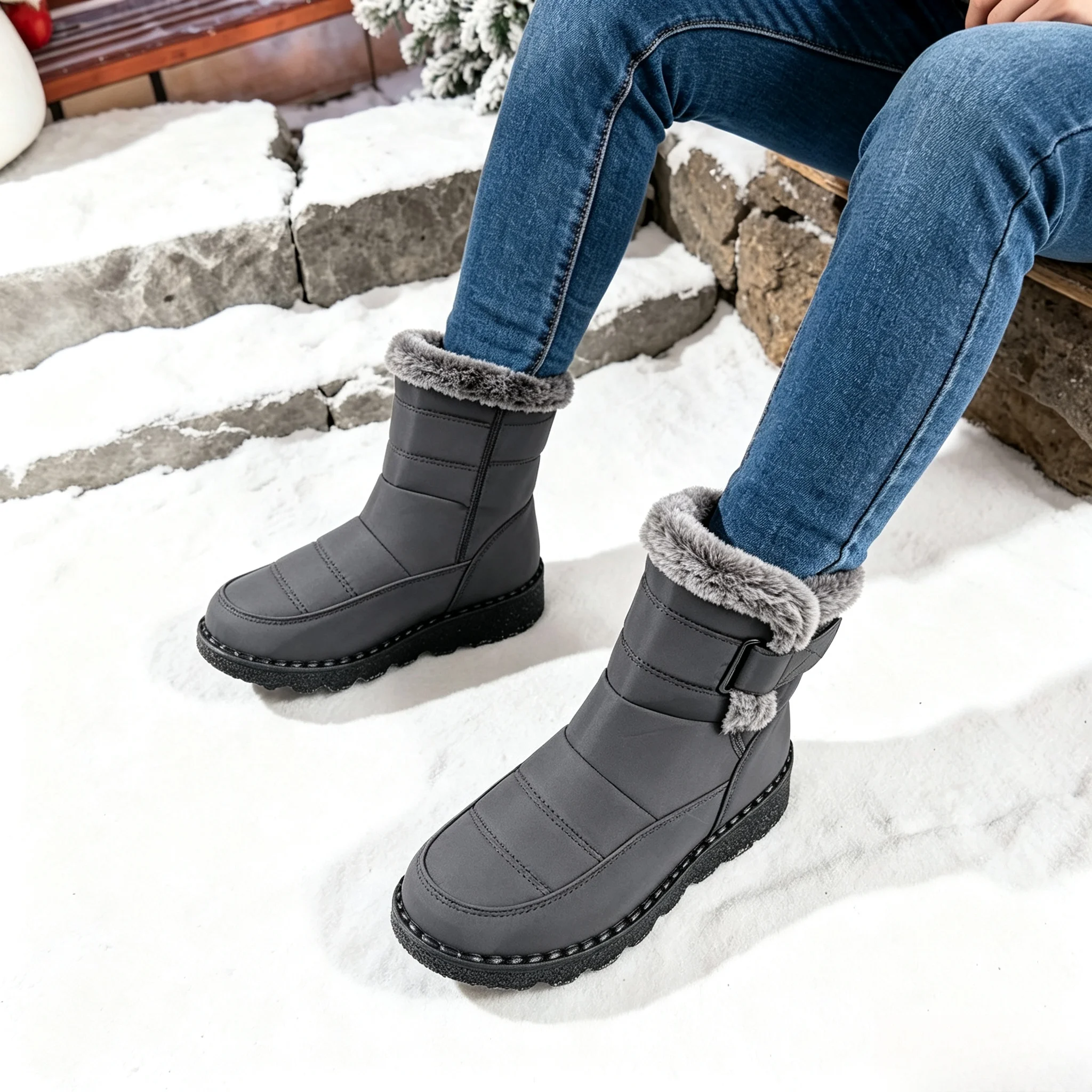 Damen Winter Pelzige Plateau-Schneestiefel 2026 Trend Wadenlange Winterstiefel Wasserdicht Rutschfest mit Schnalle Warm Flauschig Outdoor – Detail 15