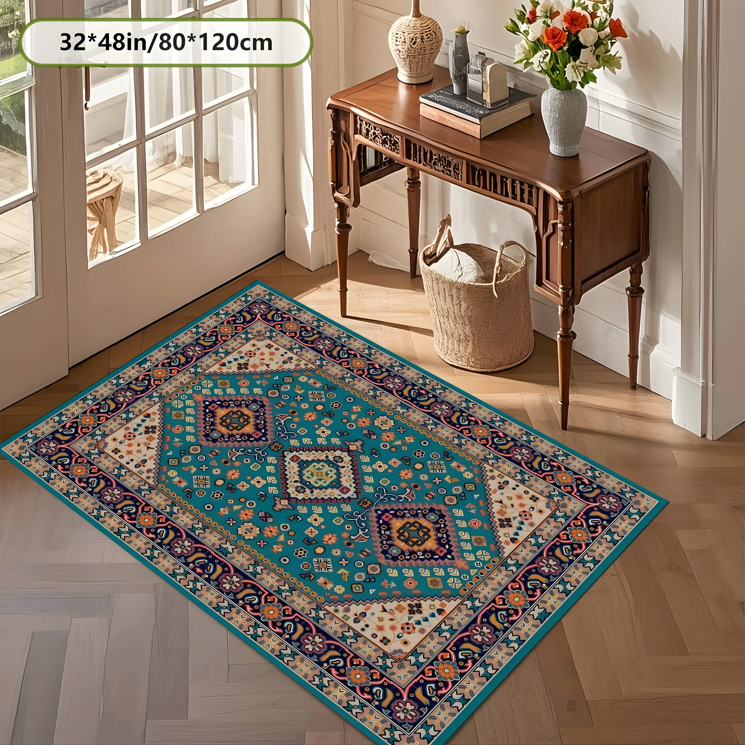 Persian Ethnic Area Rug, Diamond Pattern Print, Soft Comfortable Skin-Friendly Velvet for Living Room Bedroom Home Decor