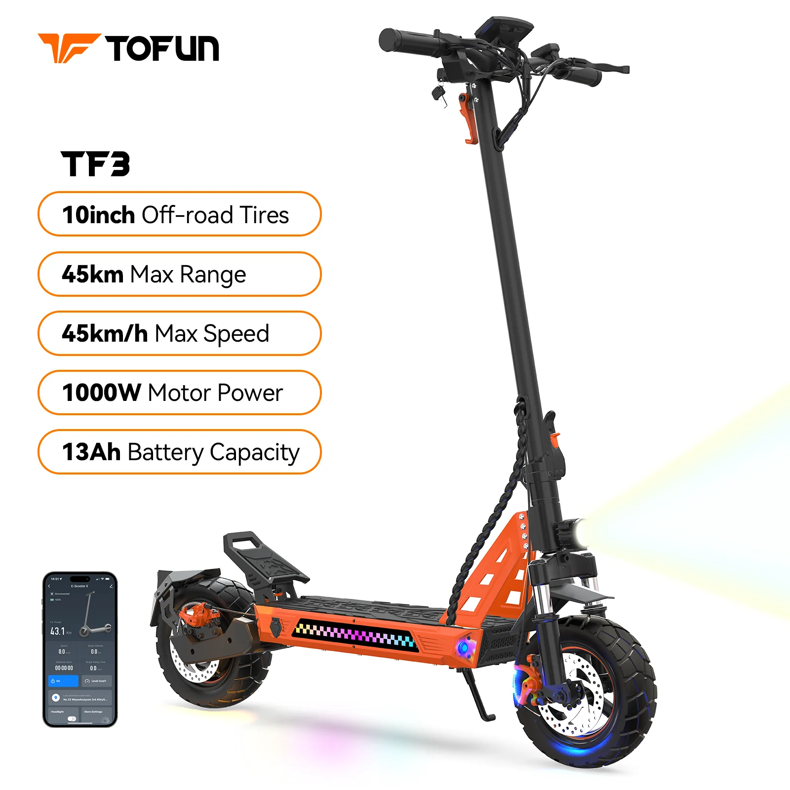 

TOFUN TF3 Electric Scooter 1000W Motor 48V13Ah Battery Adult Sport Road Mountain E-Scooter 10Inch Tires Snow Foldable EScooter