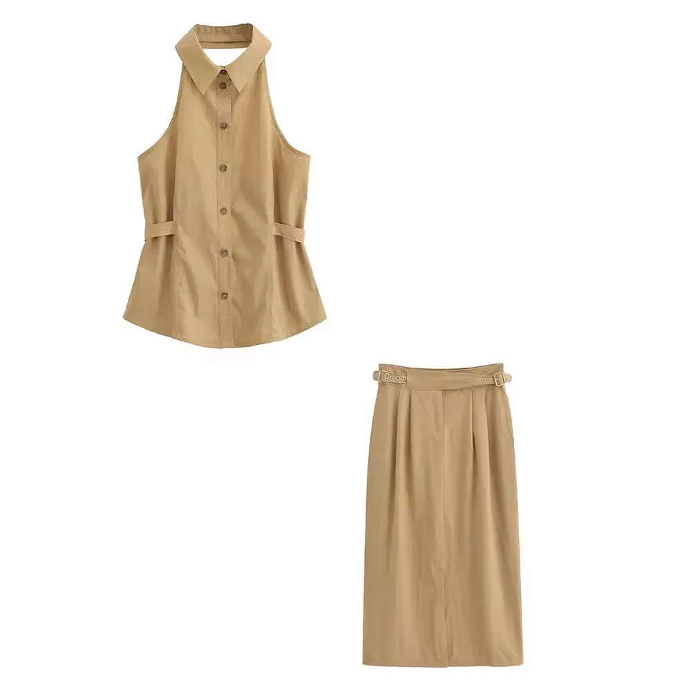 

2024 Summer New Product Women's Simple and Sexy Belt Decoration Hanging Neck Collar Top Buckle Midi Skirt Set