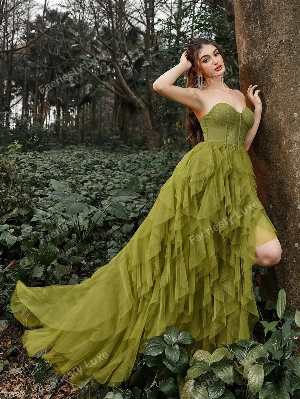 Sansa Green Tulle A-line Strapless Prom Dresses Side High Split vestidos de noche Elegant Floor-length Sleeveless Formal Evening