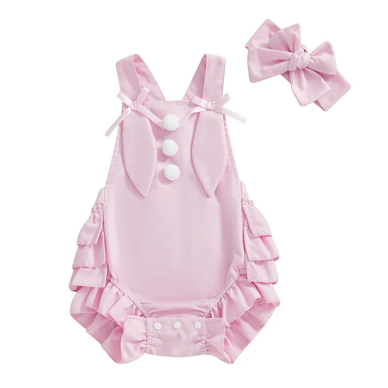 Cathery Baby Girls Clothing Bodysuits Easter Outfits Sleeveless Front Ruffles Rompers with Bowknot Headband Newborn Clothes 2025