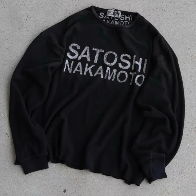 High Quality Waffle Fabric Retro Black Satoshi Long Sleeve Tshirts Faded Letter Round Neck Pullover Men Women Base Layer Tops