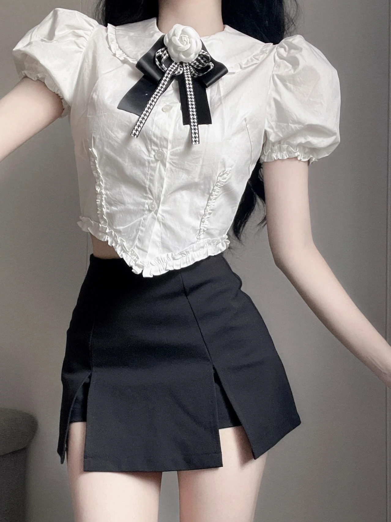 

Spicy Girl Retro JK School Uniform Set Summer Pure Desire Doll Collar Bubble Sleeve Shirt Asymmetrical Slit Short Skirt