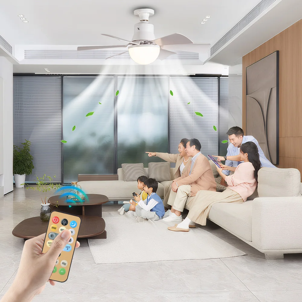 Ceiling Fan Light with Remote Timing Socket Ceiling Fan 3 Gear Wind Speed Light Bulb Fan 6 Blades for Living Room Bedroom