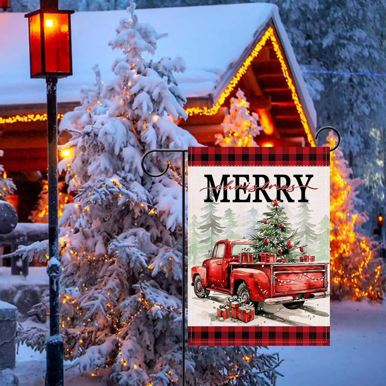 Artofy Merry Christmas Red Truck Small Decorative Garden Flag, Xmas Trees Gifts Plaid Farmhouse Yard Lawn Outside Decor, Win hhz
