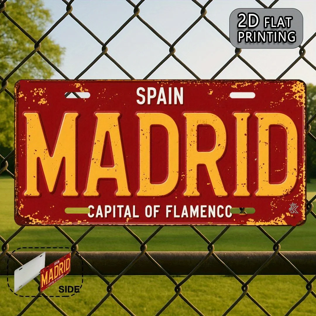 2D Flat, 2D Flat Plaque Madrid Vintage Spanish License Plate Sign - 2D Flat Cover and Frame, Featuring a Red and Yellow Vintage