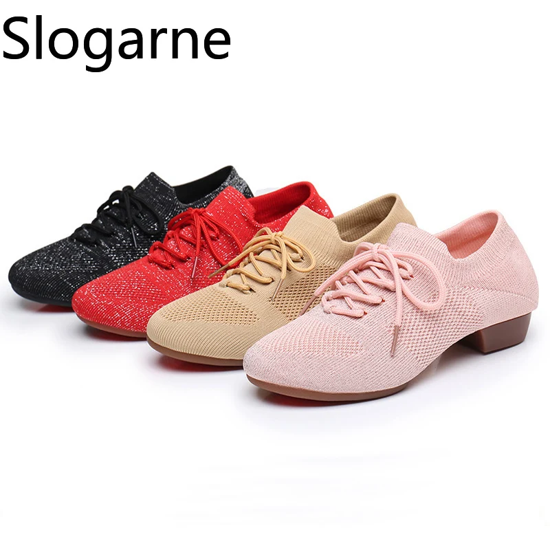 Women Hollow Dance Shoes Lady Knitted Teacher Soft Sole 2CM Heels Latin Training Shoes Ballet Dance Shoes Jazz Ballroom Sneakers