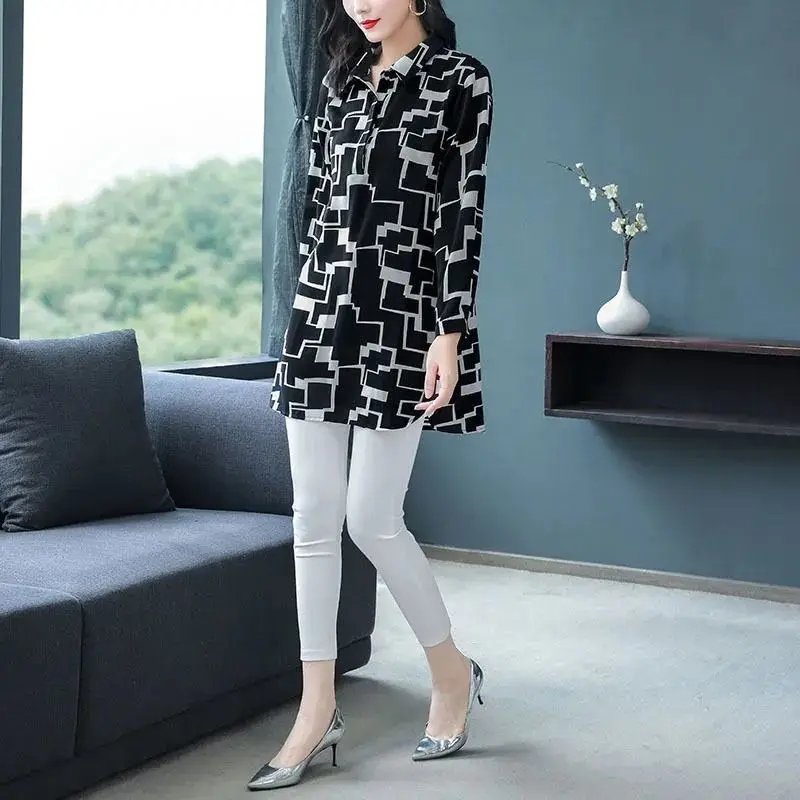 Spring Summer Long Blouses Printing Lattice Graphic Turn-down Collar Chiffon Women's Clothing 2022 Loose Pullovers Popularity