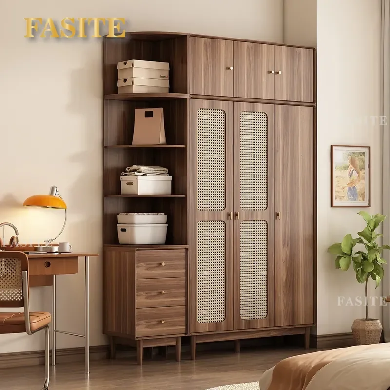 For New Chinese Style Solid Wood Color Rattan Door Wardrobe Bedroom Household Storage Locker Small Apartment Multi Layer