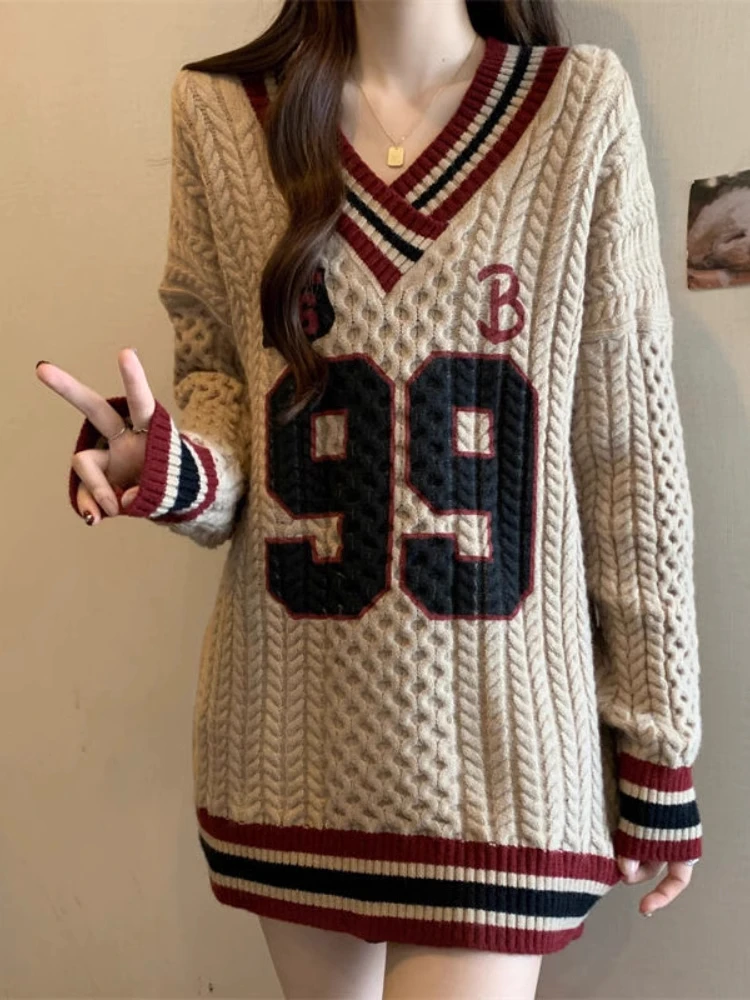 

Свободный длинный женский трикотаж Sve V-Ne, осень-зима, повседневный свитер в полоску, удобный универсальный топ Faion Sle