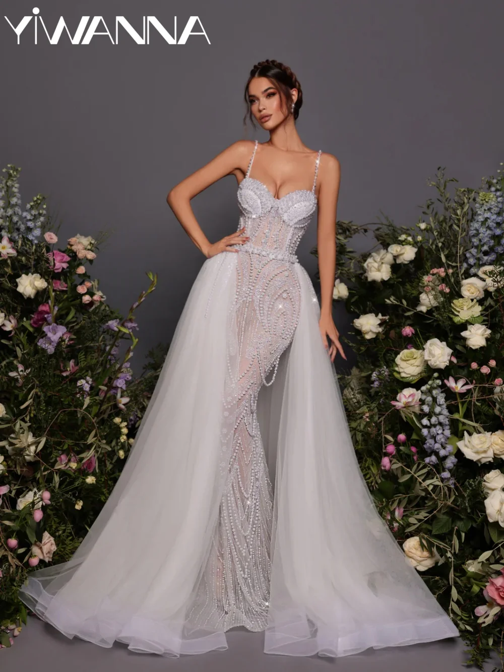 

Glamorous Beads Pearls Long Wedding Dress With Detachable Train Thin Straps Mermaid Bridal Gown Customized Dresses For Bride