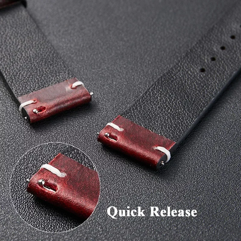 18mm 20mm 22mm Hand Made Retro Red Brown Leather Watch Band Quick Release Calfskin Watch Strap Sport Bracelet Watch Accessories