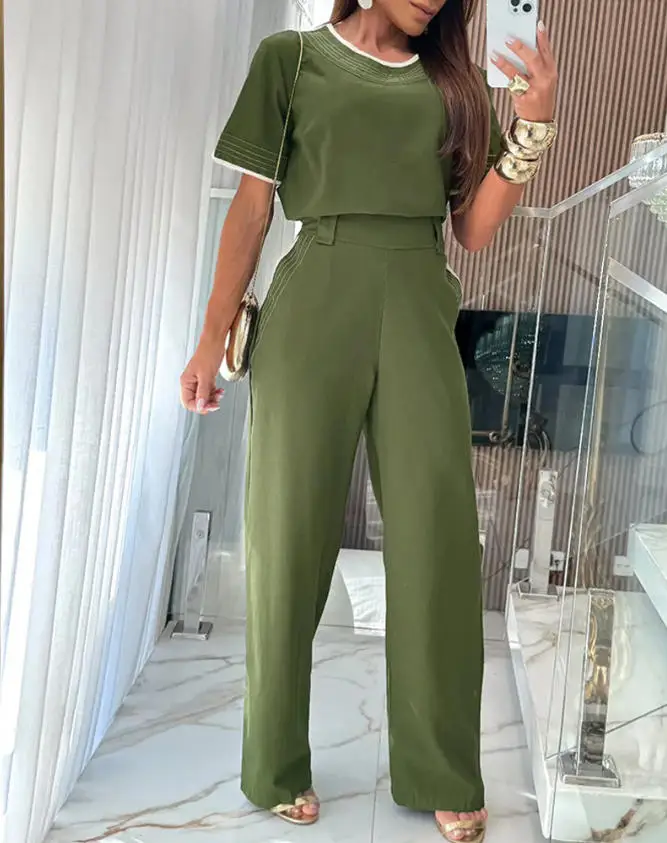 

2026 Spring/Summer New 2-piece Short Sleeve Hoodie and Elastic Waist Wide Leg Pants Set, Casual Color Contrast Splicing Set