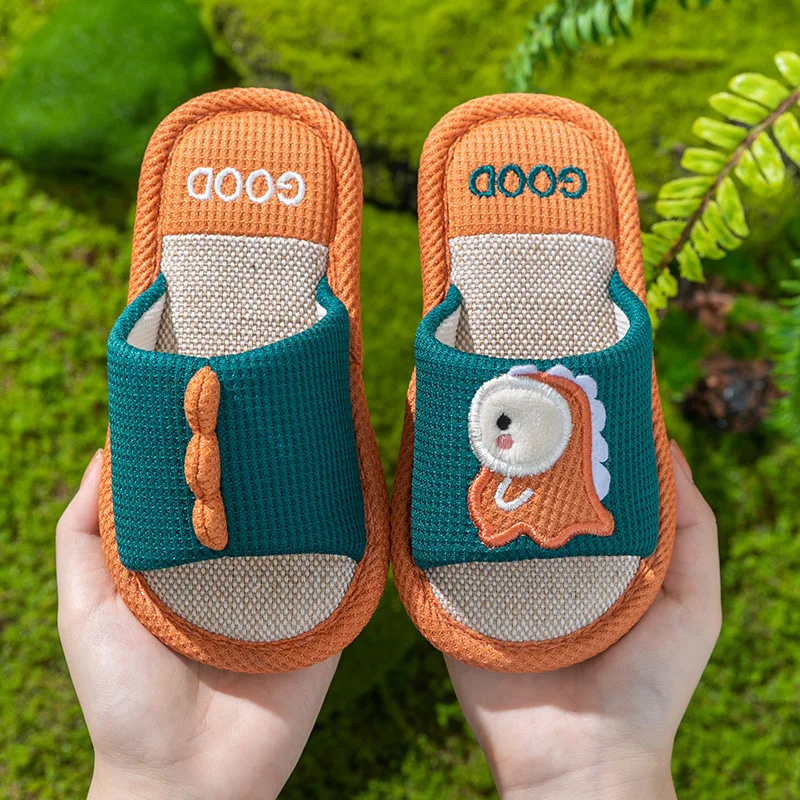 Baby Boys Girls Slippers Kids 2026 New Summer Linen Slippers Cute Dinosaur Cartoon Non Slip Home Floor Shoes For Kids
