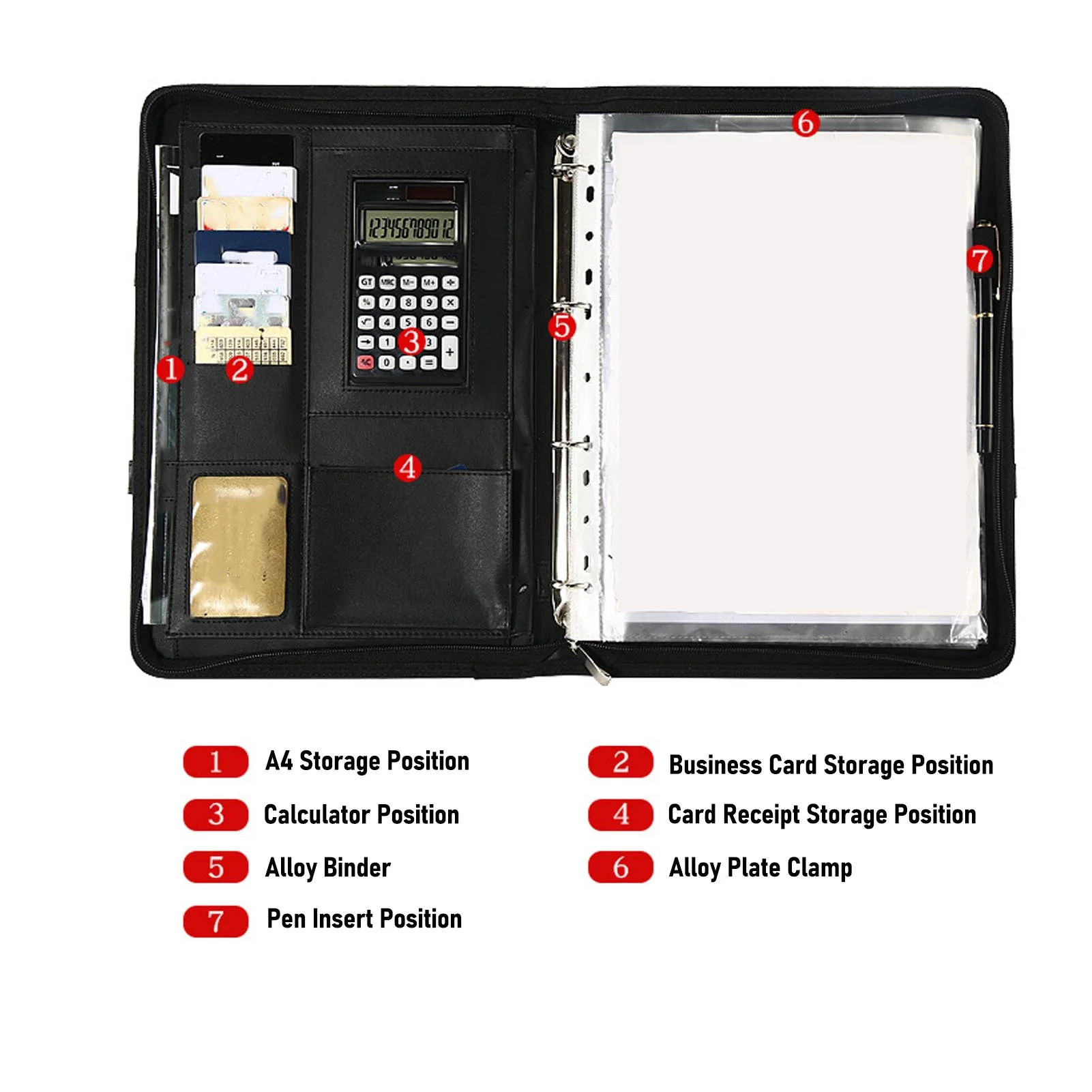 PU Leather Portfolio with Zipper 10 File Pockets 30 Sheets Notebook 4 Rings Binder A4 Document Organizer 10.1 Inch Tablet Cover