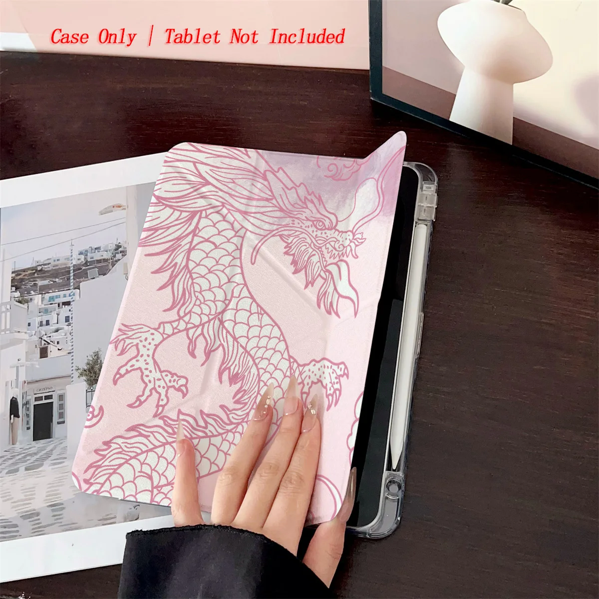 Trendy Y-Fold Acrylic Soft Pink Dragon Painting Pattern iPad Cover For Apple iPad 10.2/10.9 Inch Shockproof Case