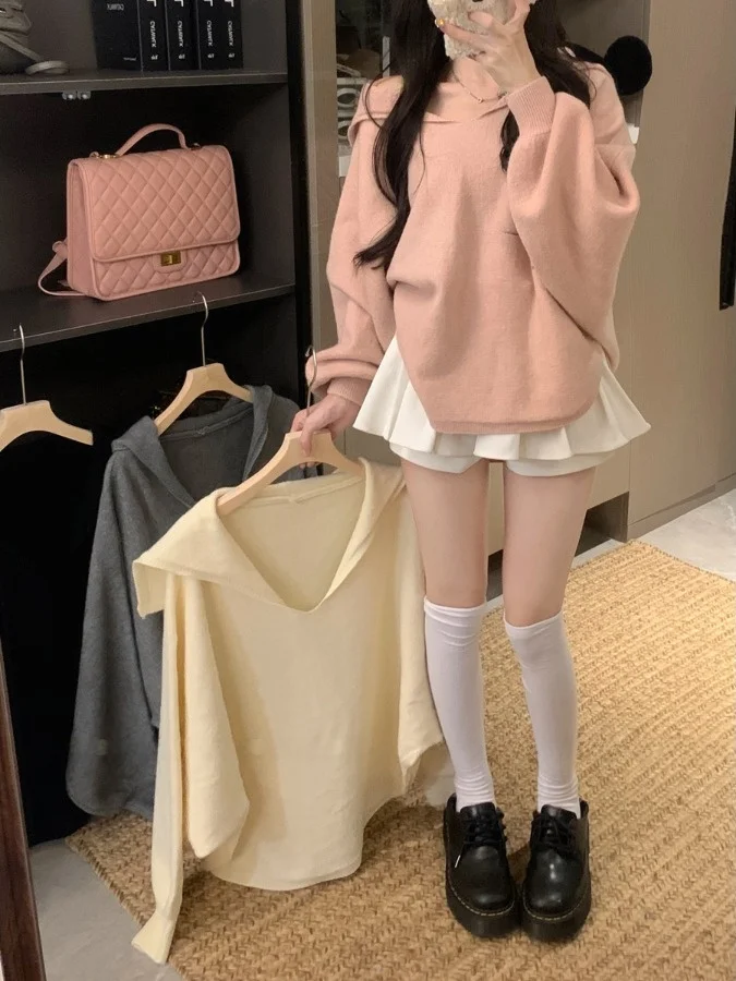 

plus Size Fashionable Long Sleeve Knitwear V-Neck Loose Casual Overhead Top for Women Autumn Winter New Style Korean Style