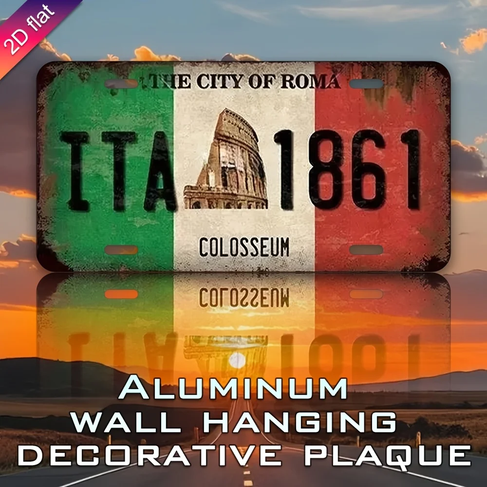 2D Flat, Italian License Plate Wall Art - Rome Colosseum Replica with Italian Flag & 1861 Number - Aluminum Sign for Home
