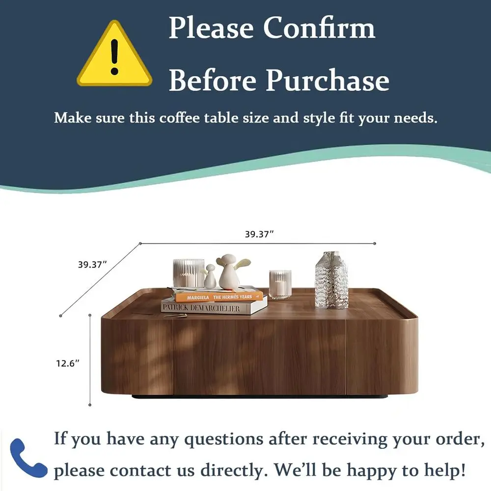 Elegant Walnut Coffee Table with Hidden Drawer, Simple Assembly, Square Design for Living Spaces, Raised Edge, 39.37 Square Size