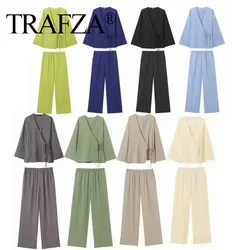 TRAFZA 2024 Woman's Pants Set Solid V-Neck Asymmetric Laced Up Blouse + Elastic Waist Sagging Seluar Slack Pants Casual Street