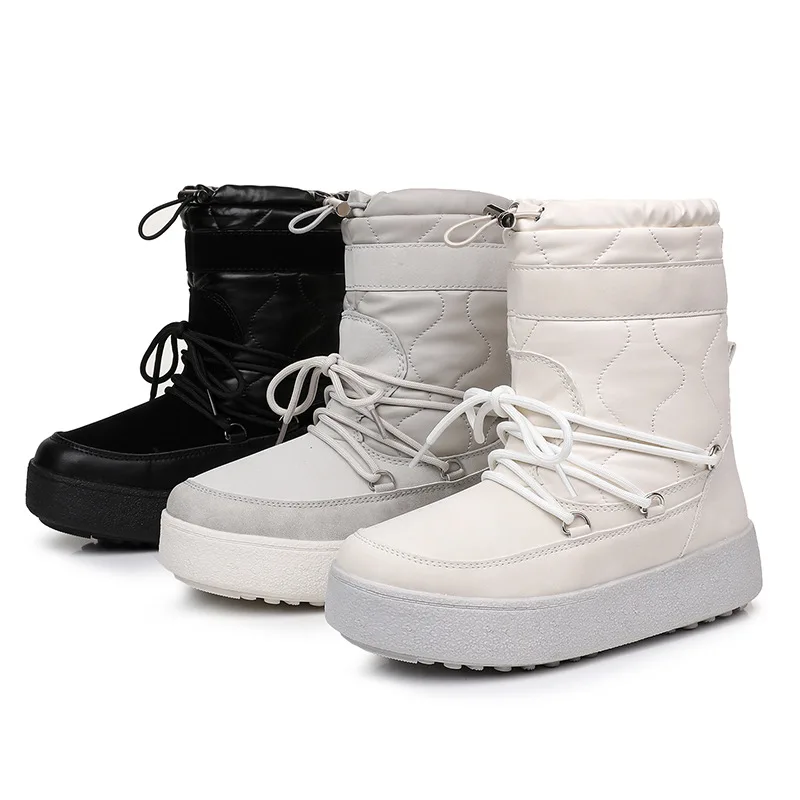 

Winter New Women's Waterproof Lamb Wool Inner Warm Short Boots Thick-soled Rhombus Lake-up Snow Shoes