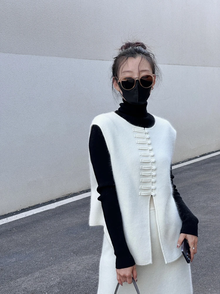 

Женский вязаный жилет из кроличьего плюша на пуговицах, шерстяной кардиган с открытым передом, свитер из плюша Bear Velvet, однотонный, для повседневной носки