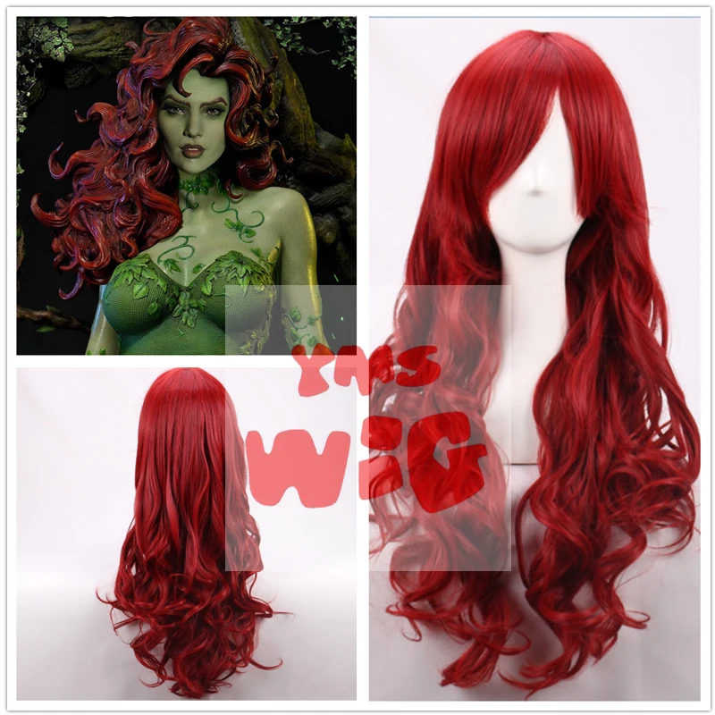 YMS WIG Poison Ivy Cosplay Wigs 70cm Dark Red Long Wavy Heat Resistant Synthetic Hair Wig + Wig Cap