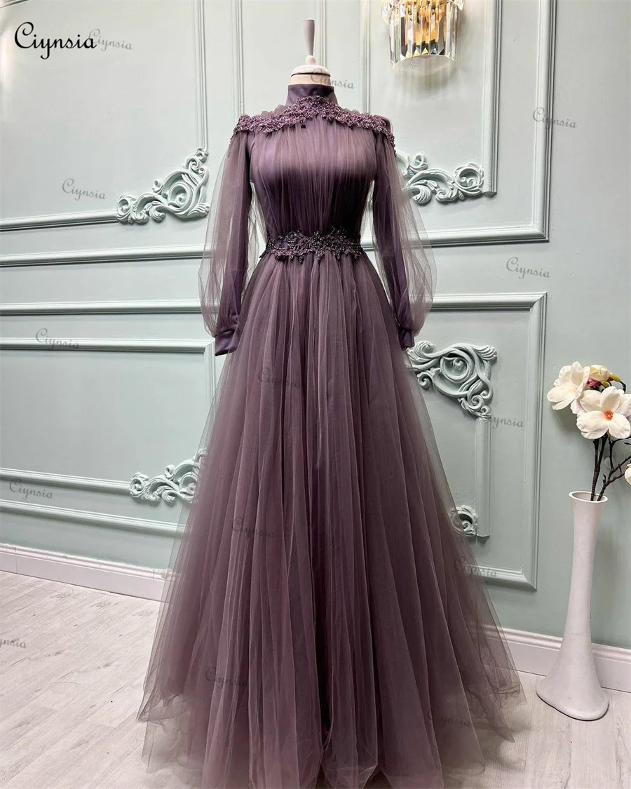 Ciynsia Elegant A-Line Muslim Formal Dress Long Sleeves Tulle High Neck Appliques Prom Dresses for Women Party Wedding Evening